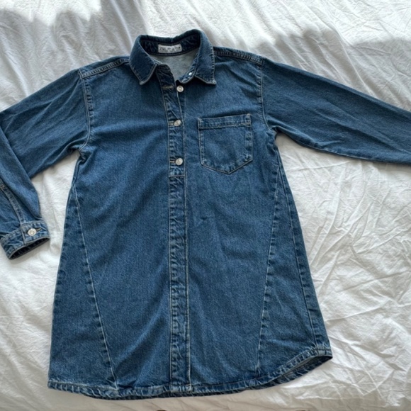 Zara Blue Denim Shirt Dress Cutout Detail Snap Front XS - Picture 3 of 5
